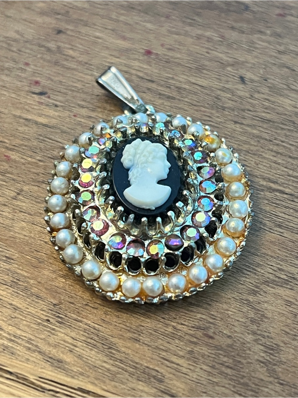 Gold-Tone Cameo Pendant Necklace with Pearl and Iridescent Crystal Accents